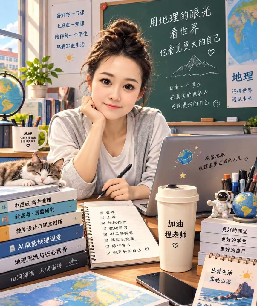 大程地理实验室封面：地理老师在书桌前备课